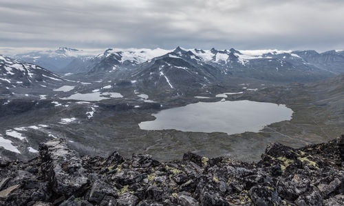 Scenic view of snowcapped mountains against sky