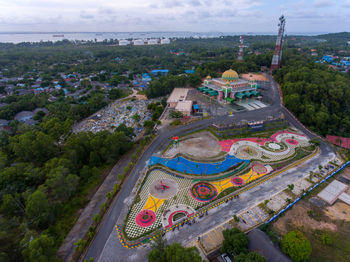 High angle view of multi colored buildings in city