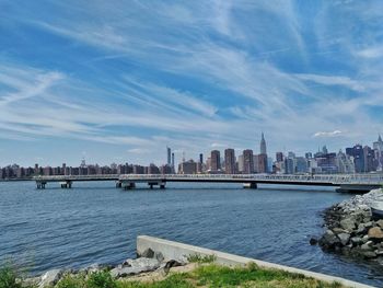 City by river against sky