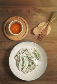 High angle view of breakfast served on table