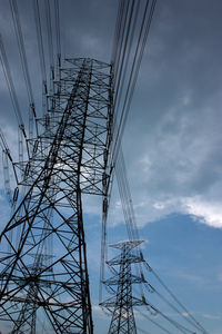 Low angle view of electricity pylon against sky