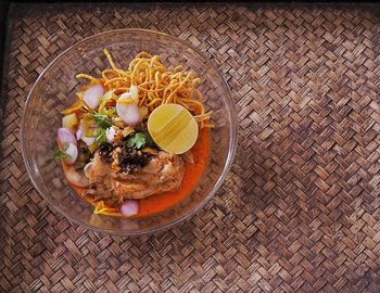 High angle view of vegetables in bowl on table