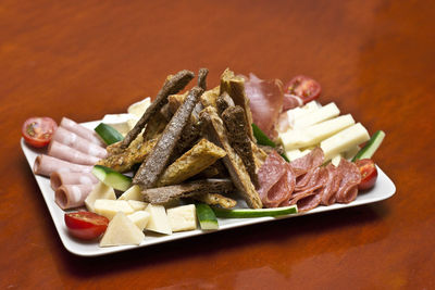 High angle view of food in plate on table