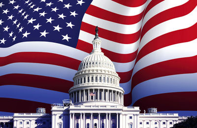 Low angle view of flag against building