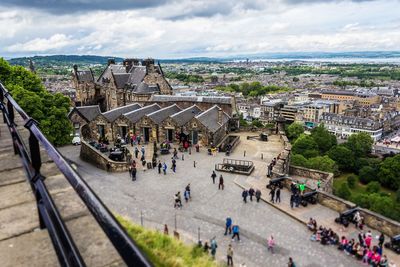 High angle view of people in town