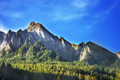 Panoramic view of snowcapped mountains against blue sky