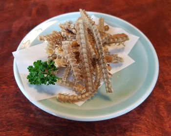 High angle view of food in plate on table