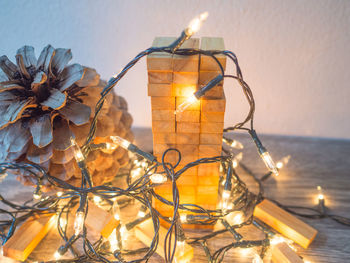 Close-up of lit candles on table