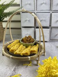 High angle view of local food called roti jala on table