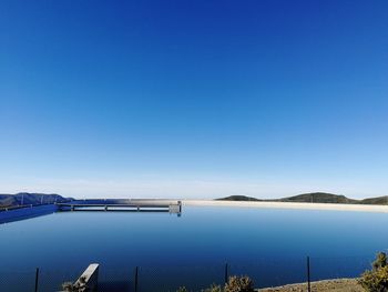 Bridge over river against clear blue sky