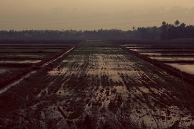 Agricultural field against sky during sunset