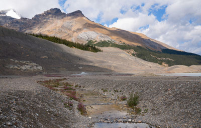 Scenic view of road by mountains against sky