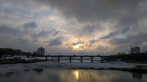 Bridge over river at sunset