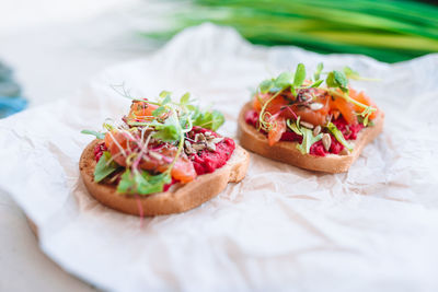 Close-up of food served on table