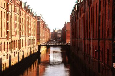 Bridge over canal amidst buildings against clear sky in city