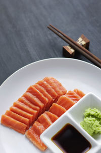 Close-up of salmon steak on plate