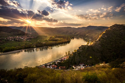 Scenic view of river at sunset