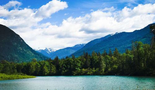 Scenic view of lake and mountains against sky