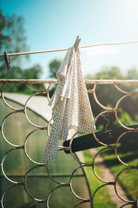 Close-up of clothespins hanging on rope against fence