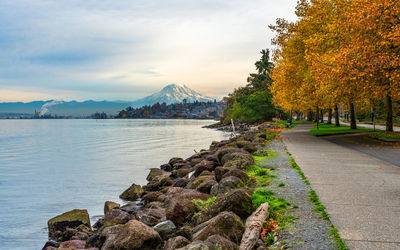 A view of mount rainier on an overcast day from ruston, washington.