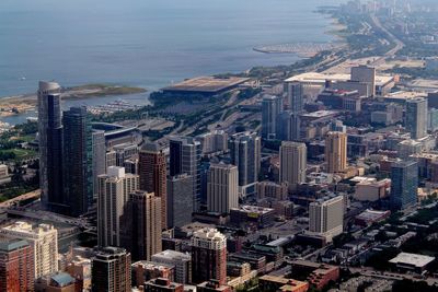 High angle view of buildings in city