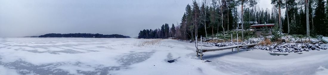 Panoramic view of frozen river against sky