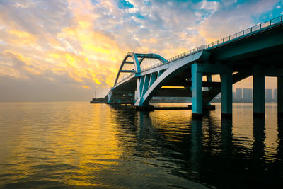 Bridge over sea against sky during sunset