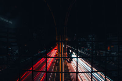 High angle view of light trails at night