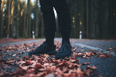 Low section of person standing on autumn leaves covered road