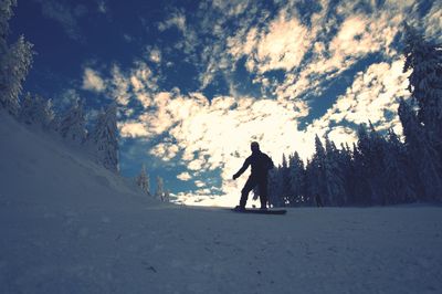 Silhouette man with dog against sky