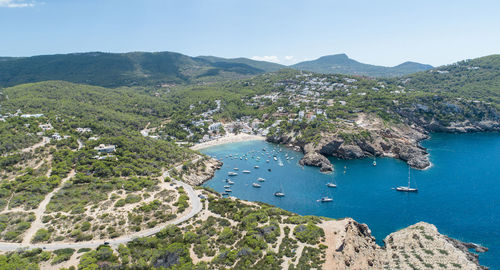 High angle view of beach against clear blue sky