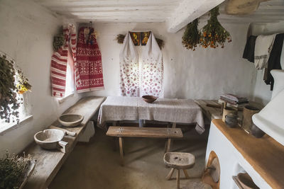 Ancient traditional ukrainian house. interior and household items