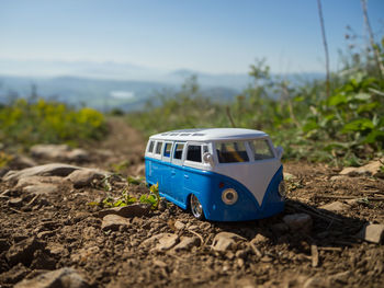 Close-up of toy car on field