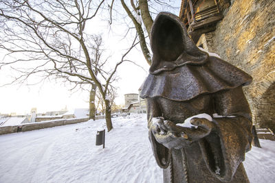 Close-up of sculpture against bare trees on snowy field