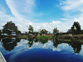 Reflection of trees in lake against sky