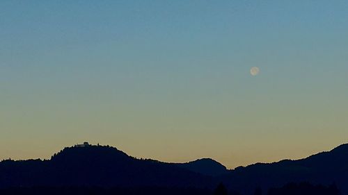 Scenic view of silhouette mountains against clear sky at sunset