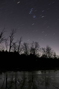 Silhouette trees by lake against sky at night