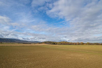 Scenic view of agricultural field against sky