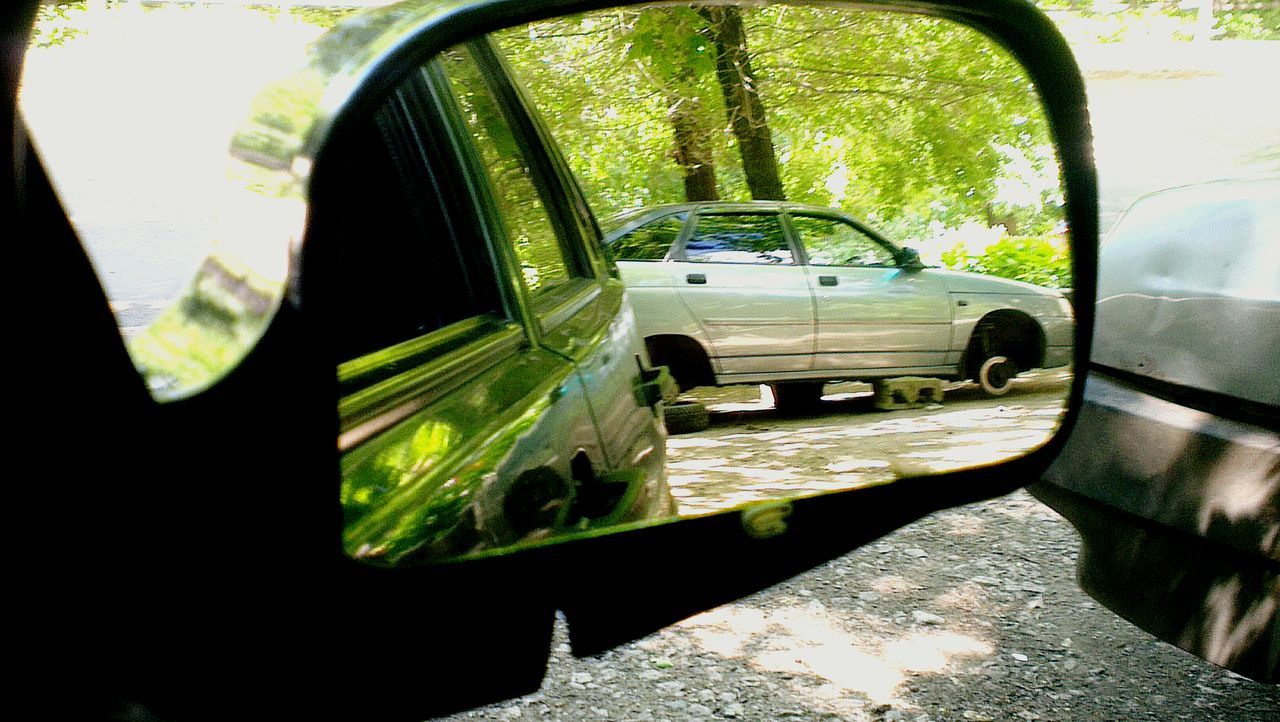 transportation, mode of transport, land vehicle, car, vehicle interior, travel, tree, side-view mirror, car interior, windshield, street, road, public transportation, vehicle, reflection, sunlight, day, glass - material, stationary, bus