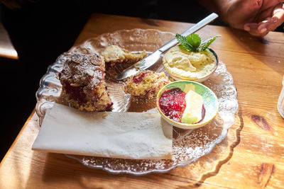 High angle view of breakfast on table