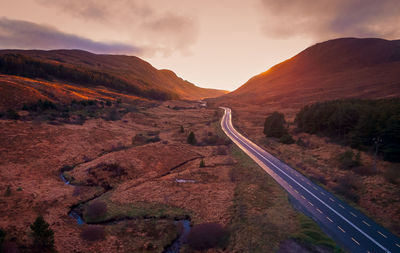 High angle view of road against sky at sunset