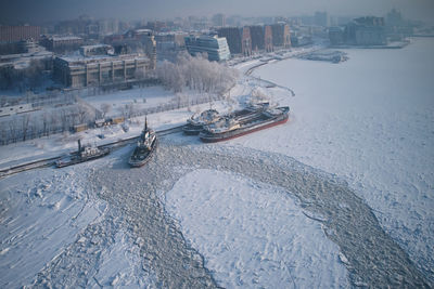High angle view of boats in sea