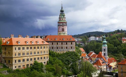 Buildings in city against cloudy sky