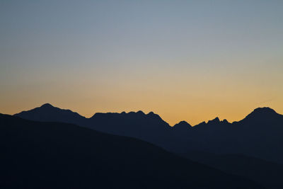 Silhouette mountain range against clear sky