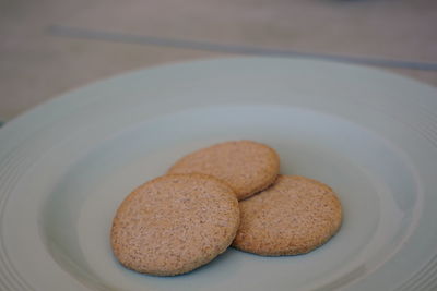 High angle view of cookies in plate