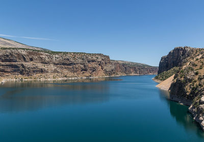 Scenic view of lake against clear blue sky