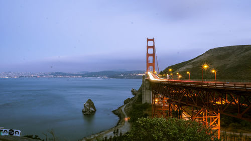 Golden gate bridge over sea against blue sky