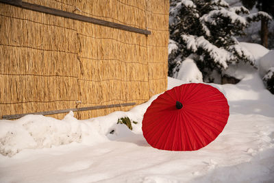 Red umbrella on snow covered field