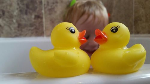 Close-up of yellow rubber ducks with kid in bathtub