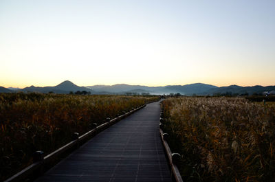 Dirt road amidst field against clear sky during sunset